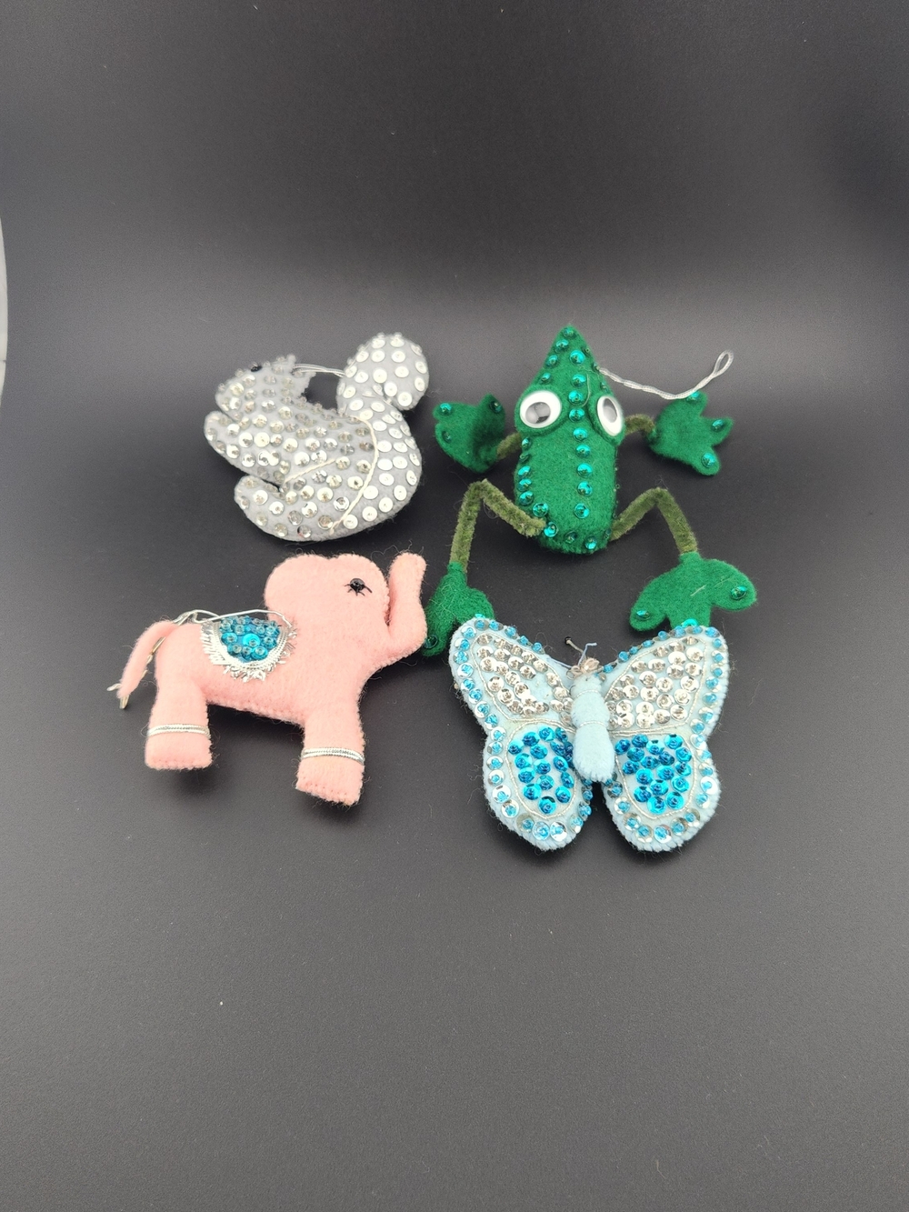 Felt & Sequined Ornament Set Of 4 Squirrel, Frog, Elephant, Butterfly